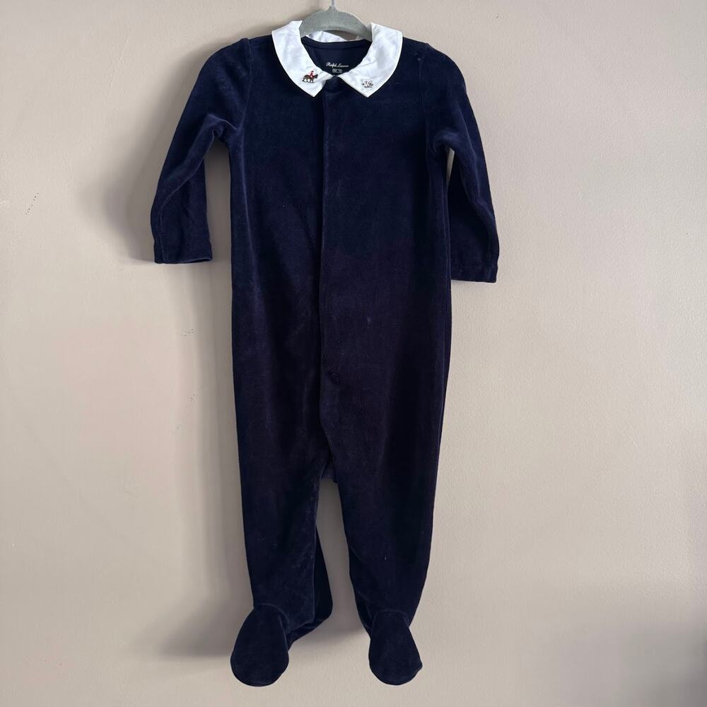 Ralph Lauren Baby Navy Blue Velour Velvet Embroidered Footed Coverall 9 Months